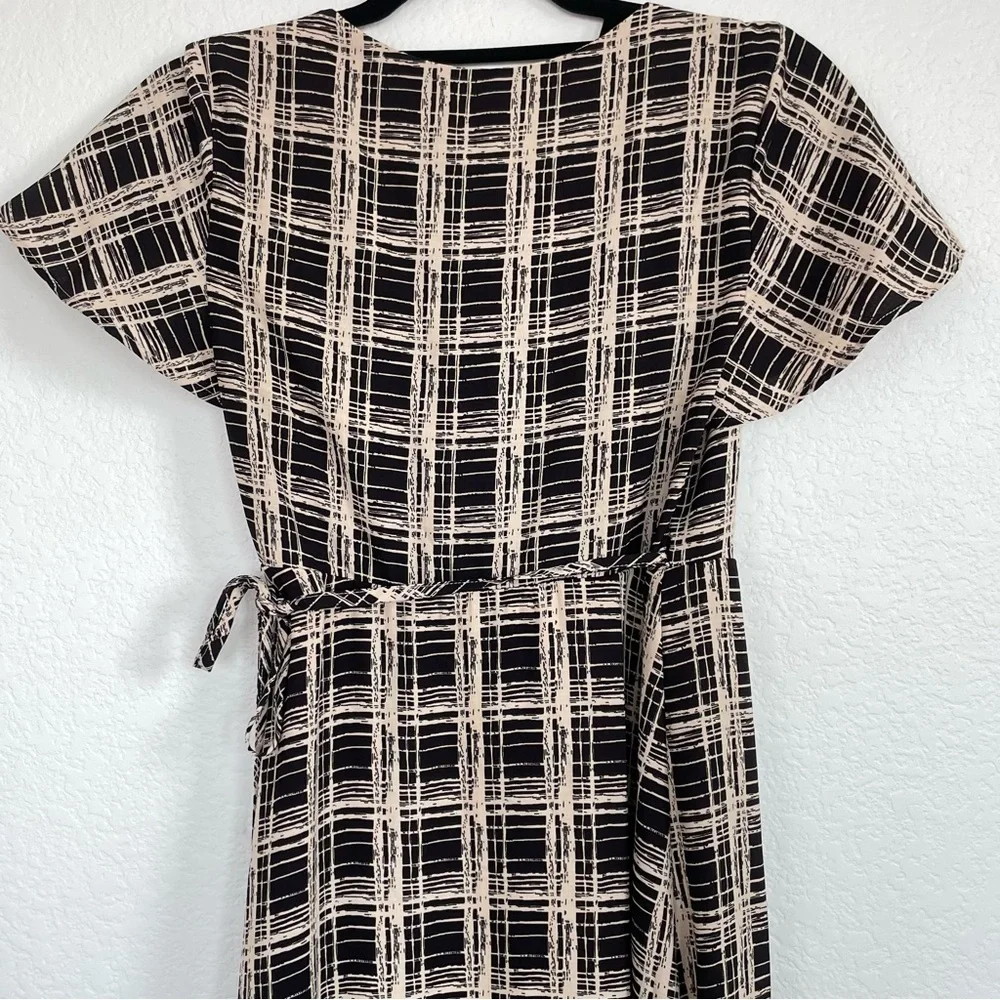 URBAN OUTFITTERS • Black and Cream Plaid Print Wrap Midi Dress • Small
